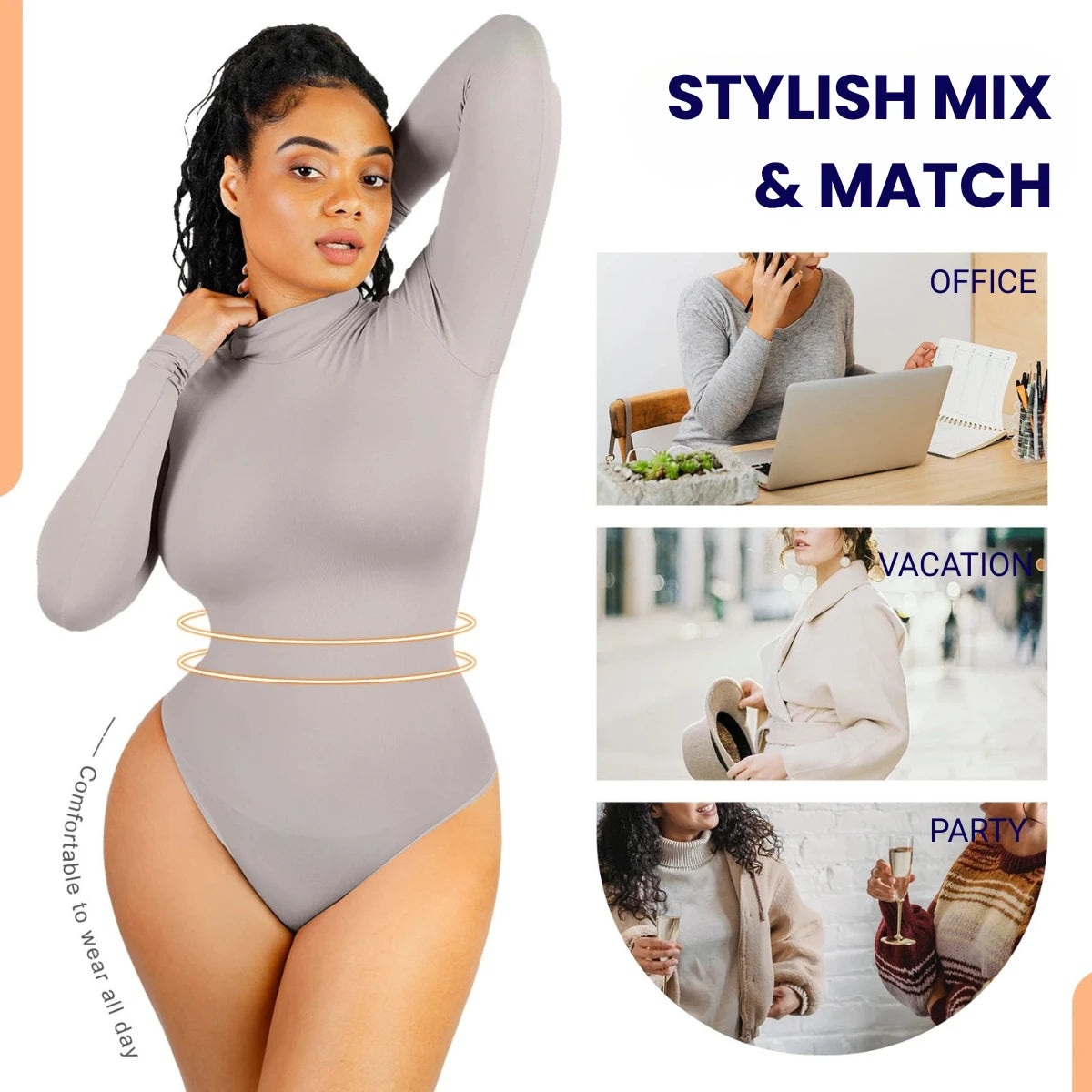 Turtleneck Long-Sleeve Shaping Bodysuit - Mindrella