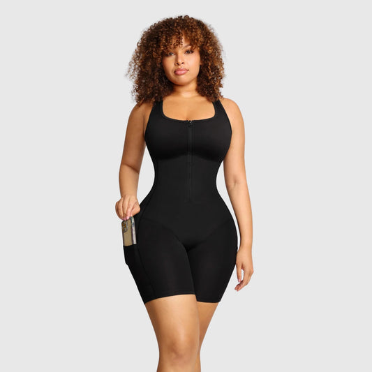 Sculpt & Sweat Zip-Up Bodysuit – Pockets & Support - Mindrella